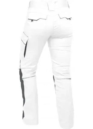 Weiße Arbeitshose mit schwarzen Einsätzen, strapazierfähig, Rückansicht, mehrere Taschen