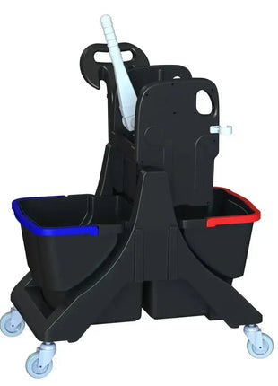 Professioneller Reinigungswagen mit zwei Eimern, blau und rot, auf Rollen für Hygienebedarf
