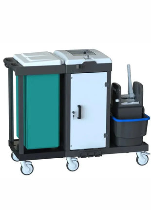 Moderner Reinigungswagen mit Mopp-Presse, Abfallbehälter und Schrank, Hygiene- und Reinigungsequipment