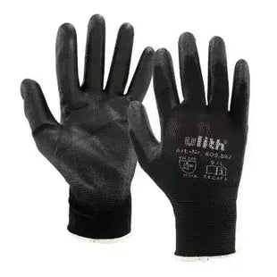 Schwarze Schutzhandschuhe aus Textil für Hygiene, Arbeitsschutz, Medizinbedarf auf weißem Hintergrund