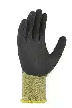 Schutzhandschuh mit schwarzer Beschichtung und gelbem Strickbund, ideal für Hygiene und Medizin