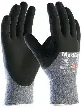 Schwarze MaxiCut Arbeitshandschuhe mit grauem Bündchen, Schnittschutz, Hygiene Produkt