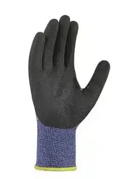 Arbeitshandschuh mit schwarzer Beschichtung und blauem Strickbund, ideal für Hygiene und Schutz