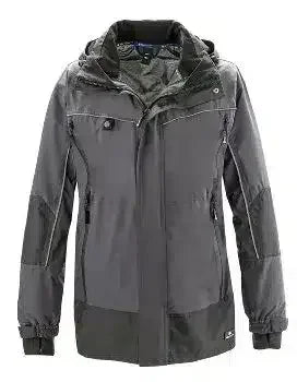 Dunkelgraue Funktionsjacke mit Kapuze, wetterfest, professionelle Schutzbekleidung