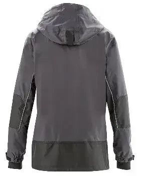 Wasserdichte graue Funktionsjacke mit Kapuze, Rückansicht, reflektierende Details