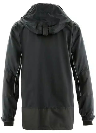 Schwarze, wasserdichte Outdoor-Jacke mit Kapuze und langen Ärmeln, Rückansicht