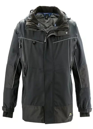 Schwarze Outdoor-Jacke mit Kapuze, reflektierenden Details und wasserabweisendem Stoff.