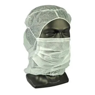 Medizinische Einweghaube und Schutzmaske auf schwarzem Kopfmodell, Hygieneschutz