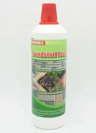 Reinex Grundstoff Essig Essigreiniger in weißer Flasche mit rotem Deckel, Etikett mit Pflastersteinmotiven