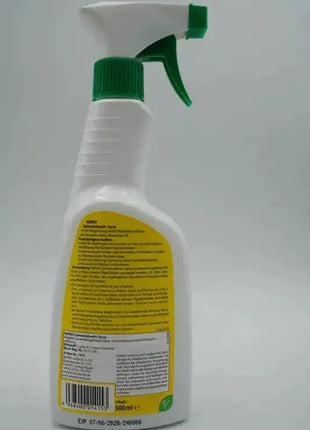 Desinfektionsspray Flasche mit grünem Sprühkopf, Rückseite mit Anwendungshinweisen, 500ml
