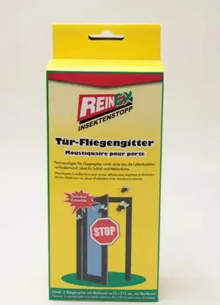Tür-Fliegengitter Verpackung für Insektenschutz, gelbe Box, Abbildung Tür mit STOP-Schild