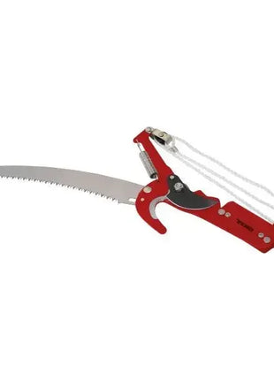 Astschere mit gebogener Säge und Seilzug, professionelle Gartenwerkzeug, Nahaufnahme