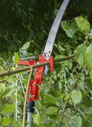 Astschere mit Säge aus Metall schneidet Ast, Gartenwerkzeug für Baumpflege im Grünen