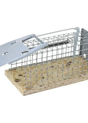 Metall Lebendfalle für Mäuse auf Holzplatte, hygienisch, zur Schädlingsbekämpfung