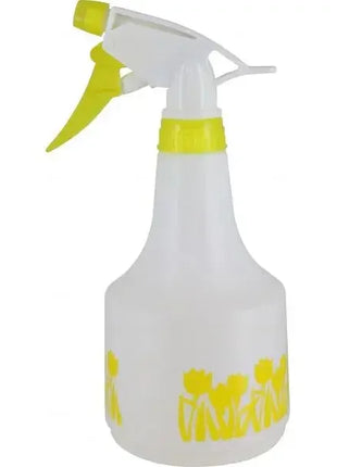 Transparente Sprühflasche mit gelbem Sprühkopf und Blumenmotiv, ideal für Reinigung und Desinfektion
