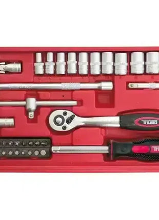 Steckschlüsselsatz mit Ratsche, Schraubendreher und Bits in rotem Koffer, Werkzeug-Set