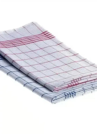 Zwei gefaltete Geschirrtücher, Baumwolle, kariert mit roten und blauen Streifen, Hygieneartikel
