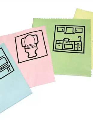 Vier farbige Reinigungstücher mit Symbolen für Büro, WC, Küche und Waschbecken, hygienisch