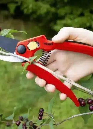 Rote Gartenschere schneidet Ast mit Beeren, Gartenarbeit, ergonomischer Griff, präziser Schnitt