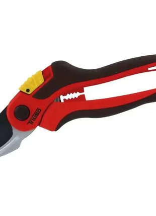 Ergonomische Gartenschere mit rot-schwarzem Griff und scharfem Schneidmesser, Sicherheitsverschluss