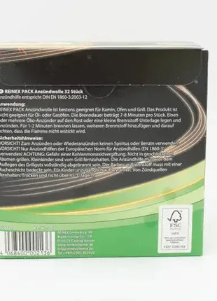 Rückseite einer Verpackung für Anzündwolle, Text mit Anwendung und Sicherheitshinweisen, FSC-Logo sichtbar.