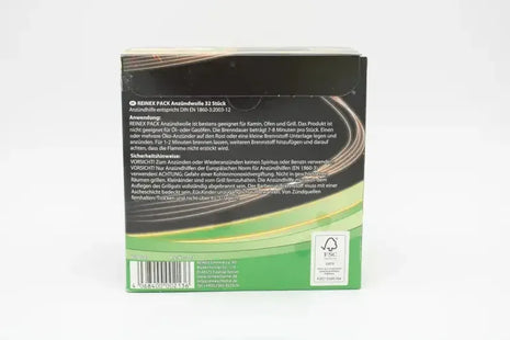 Rückseite einer Verpackung für Anzündwolle, Text mit Anwendung und Sicherheitshinweisen, FSC-Logo sichtbar.