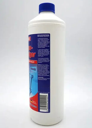 Weiße Flasche Abflussreiniger mit blauem Deckel, Reinigungsmittel für Rohrreinigung