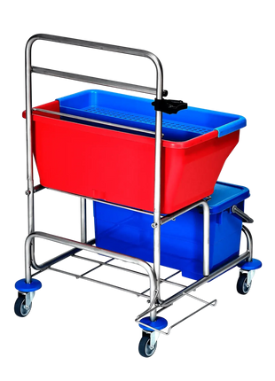 Putzwagen mit roten und blauen Eimern auf Rollen, professionelle Reinigungshygiene