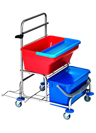 Reinigungswagen mit rotem Eimer, blauem Deckeleimer und Metallrahmen auf Rollen, Hygienewagen