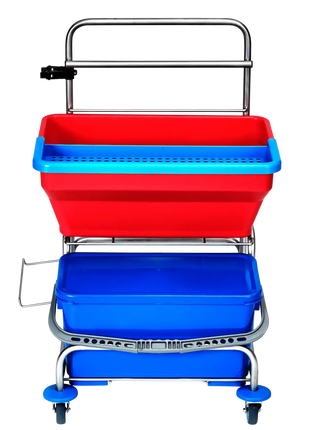 Putzwagen mit rotem und blauem Eimer, Hygiene-Reinigungswagen mit Rollen, Reinigungsbedarf
