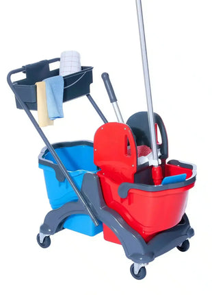 Professioneller Putzwagen mit Eimer, Wischmopp und Reinigungstüchern auf Rollen, Hygienewagen