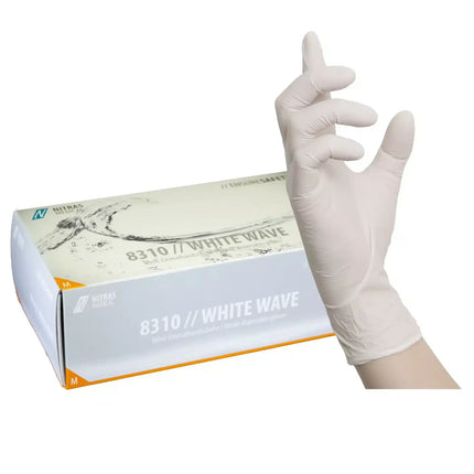 NITRAS WHITE WAVE, Nitril-Einmalhandschuhe, weiß (Farbcode: 1100), unsteril, Rollrand, puderfrei, hergestellt nach EN 455, für Lebensmittelkontakt, beidseitig tragbar (linke und rechte Hand), medizinische Handschuhe, mikrogeraute Fingerspitzen, Farbleitsystem für Größen, AQL 1,5, Schutz gegen Mikroorganismen, Bakterien und Viren, Box à 100 Stück