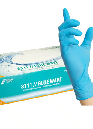 NITRAS BLUE WAVE, Nitril-Einmalhandschuhe, blau (Farbcode: 2200), unsteril, Rollrand, puderfrei, hergestellt nach EN 455, für Lebensmittelkontakt, beidseitig tragbar (linke und rechte Hand), medizinische Handschuhe, mikrogeraute Fingerspitzen, Farbleitsystem für Größen, AQL 1,5, Schutz gegen Mikroorganismen, Bakterien und Viren, Box à 100 Stück