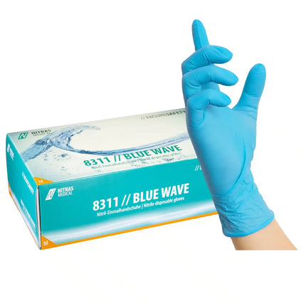 NITRAS BLUE WAVE, Nitril-Einmalhandschuhe, blau (Farbcode: 2200), unsteril, Rollrand, puderfrei, hergestellt nach EN 455, für Lebensmittelkontakt, beidseitig tragbar (linke und rechte Hand), medizinische Handschuhe, mikrogeraute Fingerspitzen, Farbleitsystem für Größen, AQL 1,5, Schutz gegen Mikroorganismen, Bakterien und Viren, Box à 100 Stück