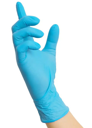 NITRAS BLUE WAVE, Nitril-Einmalhandschuhe, blau (Farbcode: 2200), unsteril, Rollrand, puderfrei, hergestellt nach EN 455, für Lebensmittelkontakt, beidseitig tragbar (linke und rechte Hand), medizinische Handschuhe, mikrogeraute Fingerspitzen, Farbleitsystem für Größen, AQL 1,5, Schutz gegen Mikroorganismen, Bakterien und Viren, Box à 100 Stück
