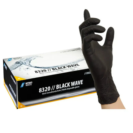 NITRAS BLACK WAVE, Nitril-Einmalhandschuhe, schwarz (Farbcode: 1000), unsteril, Rollrand, puderfrei, hergestellt nach EN 455, für Lebensmittelkontakt, beidseitig tragbar (linke und rechte Hand), medizinische Handschuhe, mikrogeraute Fingerspitzen, Farbleitsystem für Größen, AQL 1,5, Schutz gegen Mikroorganismen, Bakterien und Viren, Box à 100 Stück