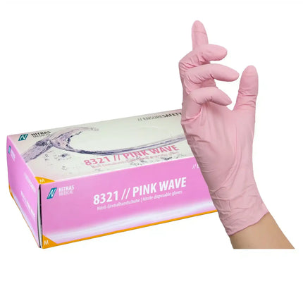 NITRAS PINK WAVE, Nitril-Einmalhandschuhe, rosa (Farbcode: 6300), unsteril, Rollrand, puderfrei, hergestellt nach EN 455,beidseitig tragbar (linke und rechte Hand), medizinische Handschuhe, mikrogeraute Fingerspitzen, Farbleitsystem für Größen, AQL 1,5, Schutz gegen Mikroorganismen, Bakterien und Viren, Box à 100 Stück