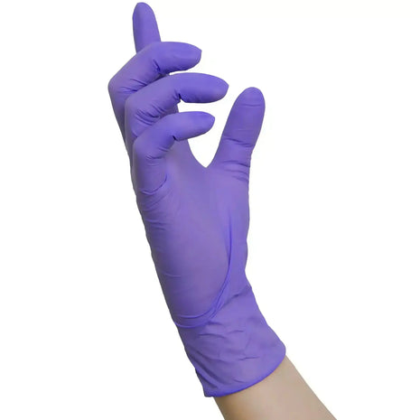 NITRAS PURPLE WAVE, Nitril-Einmalhandschuhe, violett (Farbcode: 6200), unsteril, Rollrand, puderfrei, hergestellt nach EN 455, für Lebensmittelkontakt, beidseitig tragbar (linke und rechte Hand), medizinische Handschuhe, mikrogeraute Fingerspitzen, Farbleitsystem für Größen, AQL 1,5, Schutz gegen Mikroorganismen, Bakterien und Viren, Box à 100 Stück