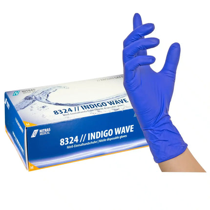 NITRAS INDIGO WAVE, Nitril-Einmalhandschuhe, dunkelblau (Farbcode: 2400), unsteril, Rollrand, puderfrei, hergestellt nach EN 455, beidseitig tragbar (linke und rechte Hand), medizinische Handschuhe, mikrogeraute Fingerspitzen, Farbleitsystem für Größen, AQL 1,5, Schutz gegen Mikroorganismen, Bakterien und Viren, Box à 100 Stück
