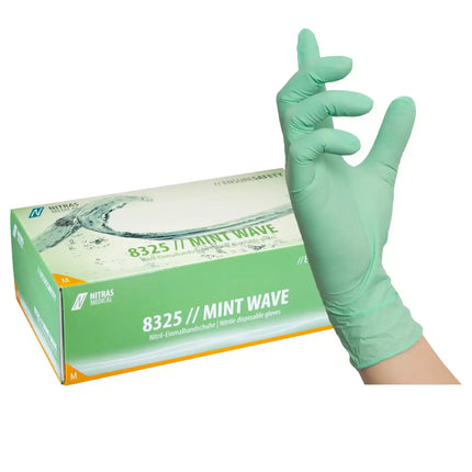 NITRAS MINT WAVE, Nitril-Einmalhandschuhe, grün (Farbcode: 3000), unsteril, Rollrand, puderfrei, hergestellt nach EN 455, für Lebensmittelkontakt, beidseitig tragbar (linke und rechte Hand), medizinische Handschuhe, mikrogeraute Fingerspitzen, Farbleitsystem für Größen, AQL 1,5, Schutz gegen Mikroorganismen, Bakterien und Viren, Box à 100 Stück