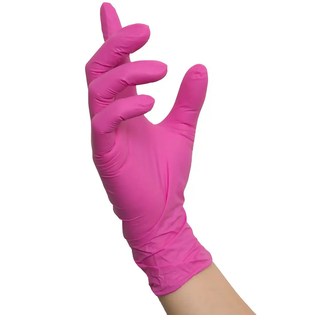 NITRAS CANDY WAVE, Nitril-Einmalhandschuhe, pink (Farbcode: 6400), unsteril, Rollrand, puderfrei, hergestellt nach EN 455, beidseitig tragbar (linke und rechte Hand), medizinische Handschuhe, mikrogeraute Fingerspitzen, Farbleitsystem für Größen, AQL 1,5, Schutz gegen Mikroorganismen, Bakterien und Viren, Box à 100 Stück