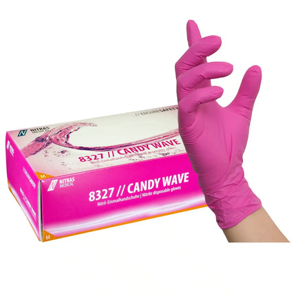 NITRAS CANDY WAVE, Nitril-Einmalhandschuhe, pink (Farbcode: 6400), unsteril, Rollrand, puderfrei, hergestellt nach EN 455, beidseitig tragbar (linke und rechte Hand), medizinische Handschuhe, mikrogeraute Fingerspitzen, Farbleitsystem für Größen, AQL 1,5, Schutz gegen Mikroorganismen, Bakterien und Viren, Box à 100 Stück