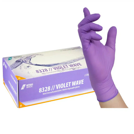 NITRAS VIOLET WAVE, Nitril-Einmalhandschuhe, lila (Farbcode: 6200), unsteril, Rollrand, puderfrei, hergestellt nach EN 455, für Lebensmittelkontakt, beidseitig tragbar (linke und rechte Hand), medizinische Handschuhe, mikrogeraute Fingerspitzen, Farbleitsystem für Größen, AQL 1,5, Schutz gegen Mikroorganismen, Bakterien und Viren, Box à 100 Stück