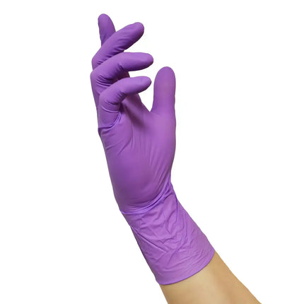 NITRAS PROTECT 300, Nitril-Einmalhandschuhe, lila (Farbcode: 6200), unsteril, Rollrand, puderfrei, hergestellt nach EN 455, für Lebensmittelkontakt, beidseitig tragbar (linke und rechte Hand), medizinische Handschuhe, mikrogeraute Fingerspitzen, Länge ca. 300 mm, AQL 1,5, Schutz gegen Mikroorganismen, Bakterien und Viren, Box à 100 Stück