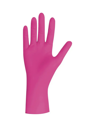Pink Einweghandschuh aus Nitril für Hygiene und Medizin, offene Handfläche, neutraler Hintergrund