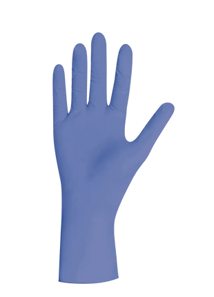 Blaue Nitrilhandschuh Einmalhandschuh für Hygiene und Medizin auf schwarzem Hintergrund