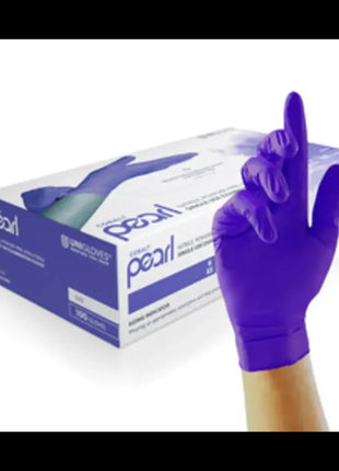 Lila Einmalhandschuhe aus Nitril vor Verpackung, medizinische Hygiene Handschuhe