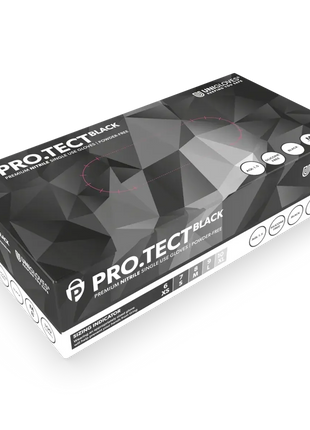 Schwarze Einweghandschuhe aus Nitril, puderfrei, PRO.TECT Black, hygienische Verpackung.