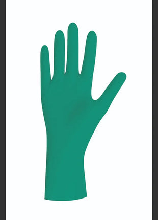 Grüner Einweghandschuh für Hygiene und medizinischen Schutz, auf weißem Hintergrund.