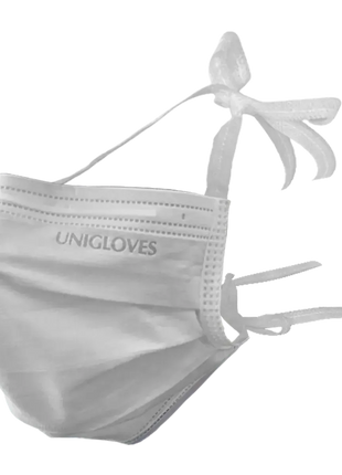Weiße medizinische Einwegmaske mit Bändern, UNIGLOVES, professionelle Hygiene